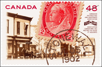 Stamp issued by Canada Post  to commemorate the 100th anniversary of the Canadian Postmasters and Assistants Association. Shows archival photos of Stonewall Manitoba and original 2 cent stamp with head of Queen Victoria.